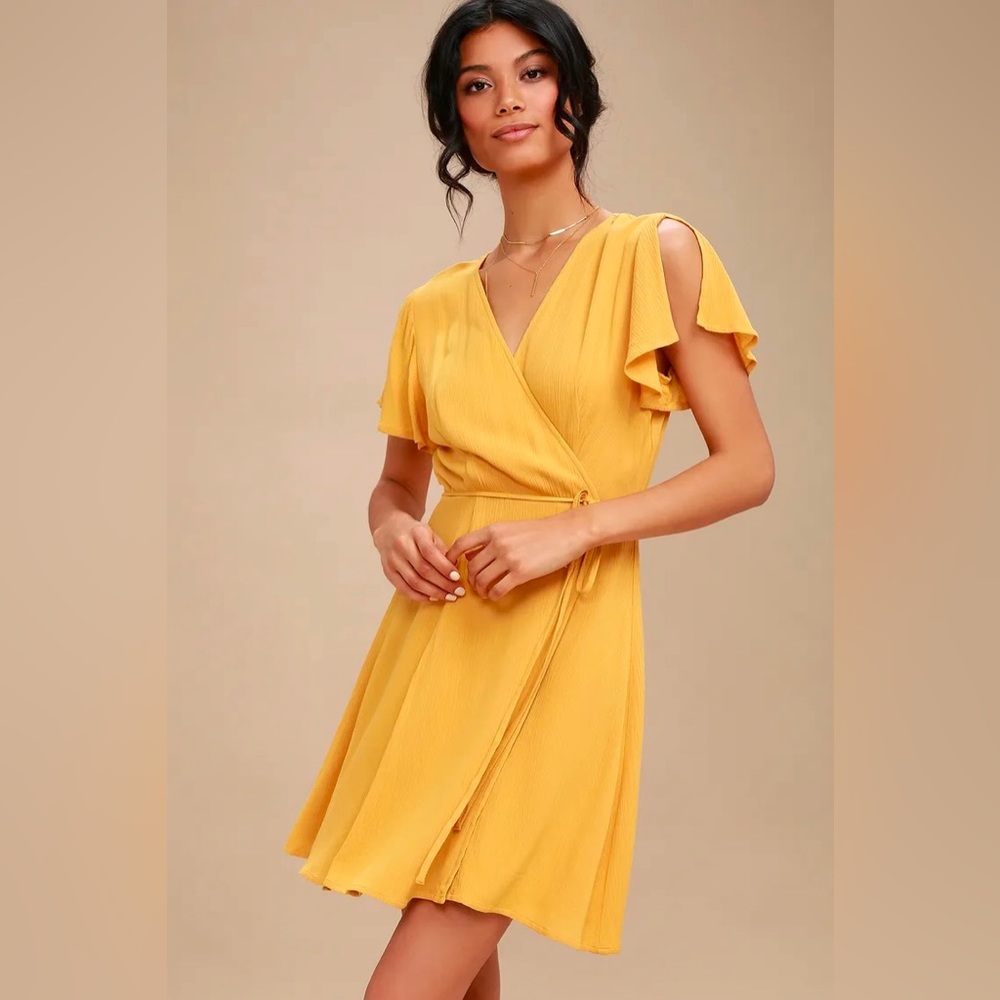 Lulus Harbor Point Mustard Yellow Wrap Dress, Mustard Yellow, Size L
